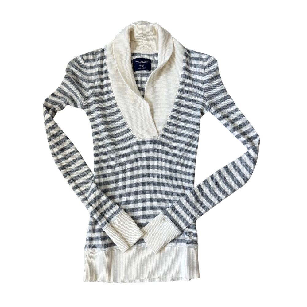 American Eagle Gray Cream Striped V Neck Sweater Sz XS